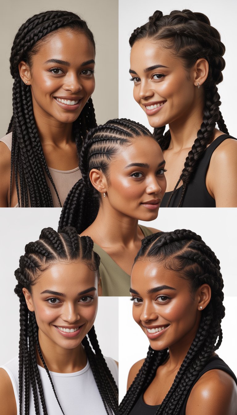 Five Black women smiling and posing, each with a different French braid hairstyle, against a plain background.